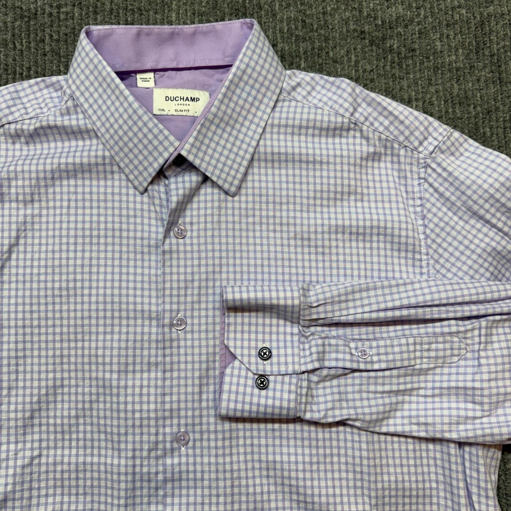 Duchamp London Mens XL Slim Fit Purple Gingham Check Button Down Shirt Long Slv